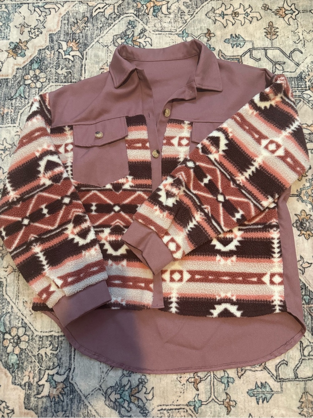 SHEIN Mauve & Rust Patterned Pullover Shacket